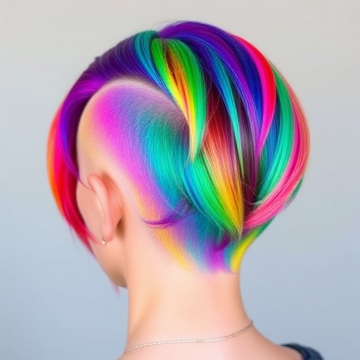 Vibrant rainbow mosaic undercut, expertly colored by "Prism Palace" artists, showcasing a closely cropped back and sides with a longer, swept-back top, each section dyed a different hue of the rainbow, creating a stunning, kaleidoscopic effect that's both playful and avant-garde.