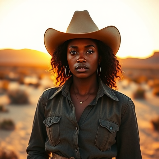 Dramatic photo of a beautiful Afro-Caribbean woman, classic cowboy attire, confident and free spirit expression, half-length portrait, centered, golden hour desert landscape, warm, diffused light, low angle, medium format film camera, in style of Annie Leibovitz.