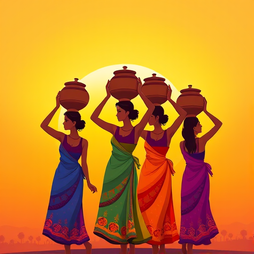 Generate a vibrant illustration of five women in colorful dresses, each carrying a pot on their head, with a gradient sunset background that transitions from yellow to orange to blue, using a high-resolution digital art style with smooth gradients, wide-angle view, and an emphasis on contrast and sharpness, created in a digital medium.
