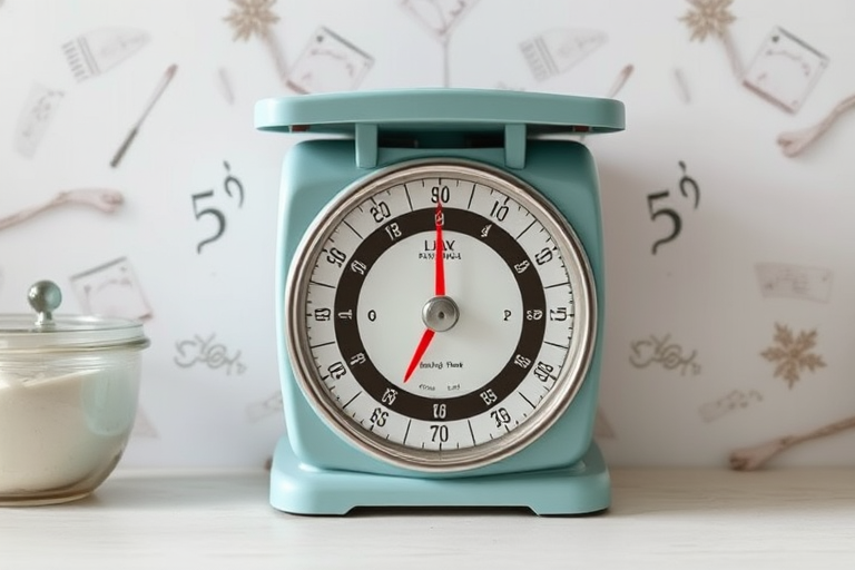 Create a high-resolution image of a retro kitchen scale with a round dial, using a DSLR camera, aperture f/2.8, ISO 100, 50mm lens, soft natural lighting, shot from a top-down angle for clarity and detail.