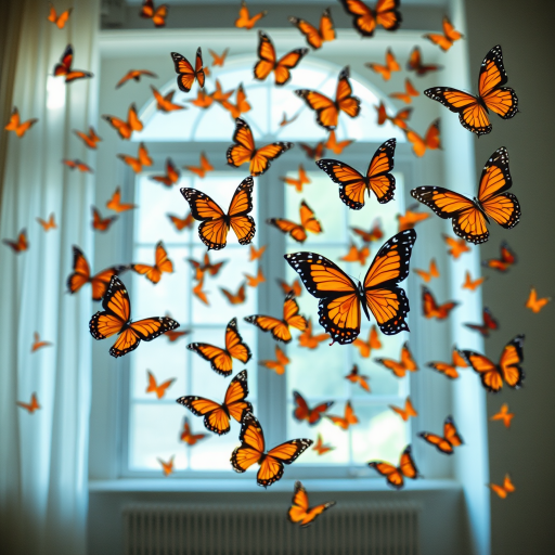 Create an image of a room with a large window in the background. The window should be slightly open, allowing a soft light to illuminate the space. Fill the air with numerous colorful butterflies in shades of orange, yellow, and black, appearing to flutter gently around the room. The overall atmosphere should feel serene and enchanting, capturing the beauty of nature indoors.