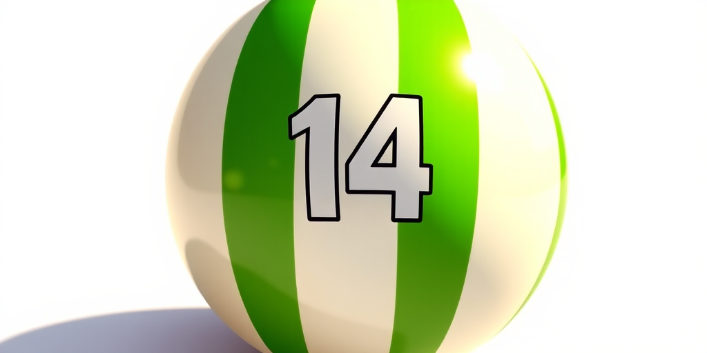 high-resolution illustration of a shiny, green-striped beach ball with the number 14 prominently displayed in the center, soft lighting for highlights, shallow depth of field, ISO 100, aperture f/2.8, 50mm lens, taken from a low angle to emphasize the sphere's curvature and shadow details