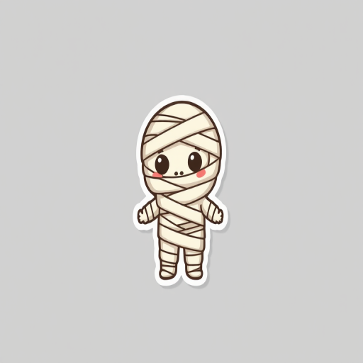 create a kawaii Mummy wrappings sticker, 3d digital art, grey background, sticker line weight
