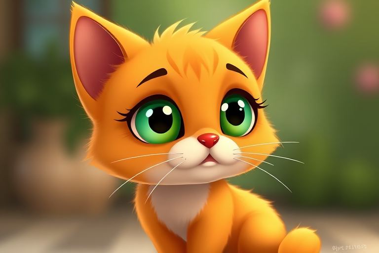 A cute orange cartoon cat with large green eyes and fluffy fur, sitting sideways, high-resolution, 50mm lens, f/2.8 aperture, soft focus background, digital art style.