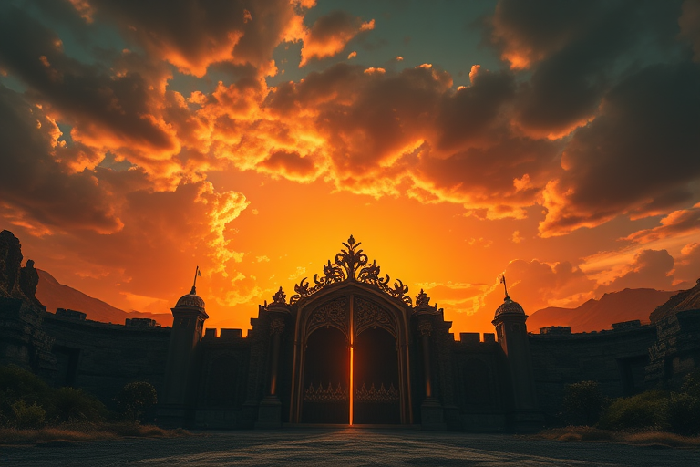 fantasy landscape with a grand dark gate leading to a fiery sunset, ominous clouds overhead, high detail, dramatic lighting, wide-angle lens, ISO 100, f/8, 1/200s, DSLR camera, cinematic style