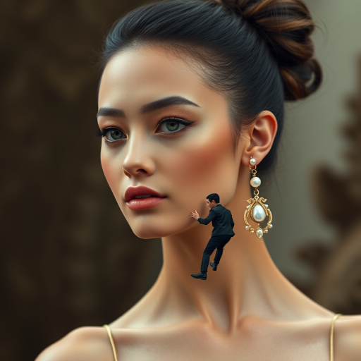 beautiful young lady with hair done up, and an exquisite pair of earings, made from mother of pearl, shimmering, and composed of different men in poses as he climbs up the long eariring