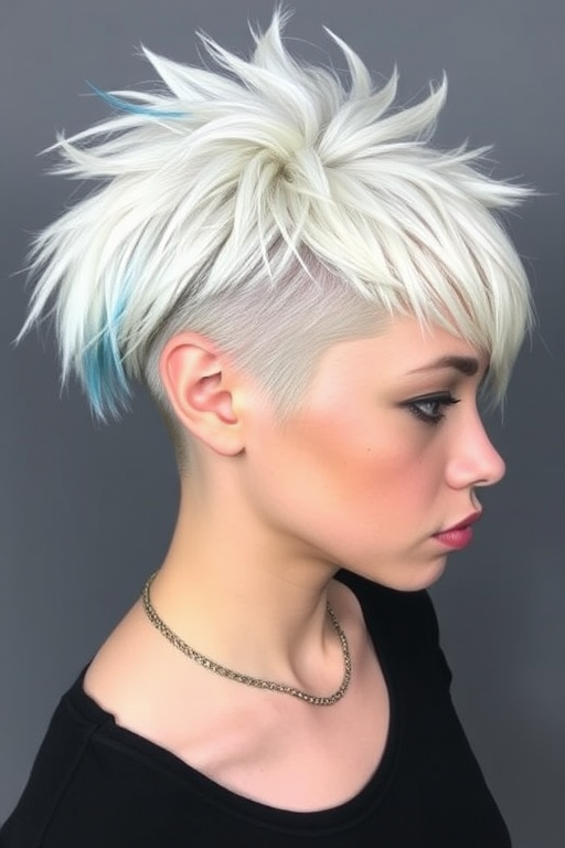 Striking platinum blonde hair is the canvas for the edgy "Urban Frost" style. The short, asymmetrical cut features a closely cropped side and back, with longer layers on top styled into textured, piece-y spikes. Icy blue tips add a cool, modern twist to this bold and daring look.