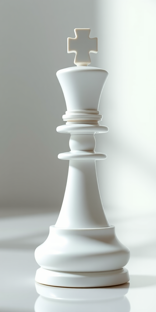 Create a high-resolution 3D rendering of a glossy white pawn chess piece, using a 50mm lens, aperture f/8, ISO 100, soft lighting, and a clean minimalist background for enhanced detail and clarity.