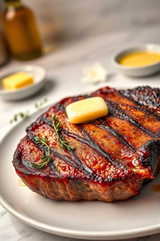 Create an image of a perfectly seared ribeye steak, resting on a white plate with a pat of melting butter on top. The steak is seasoned with fresh herbs like thyme and parsley, with glistening juices highlighting the texture of the meat. The background features a soft focus on a light, marble countertop, with a small dish of butter and an olive oil bottle in the distance. The overall mood should be warm and inviting, capturing the deliciousness and juiciness of the steak.