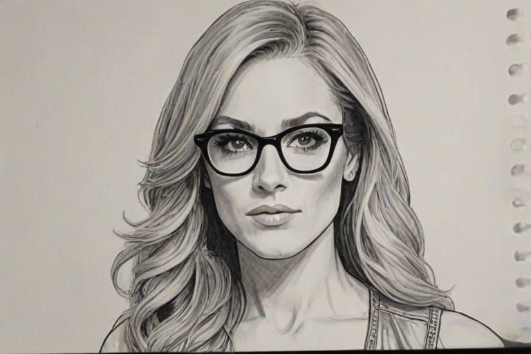 Ravishing Becky Lynch, pencil sketch, portrait of Fetching woman 1967s in glasses, hair style beatnik, outline, clear lines, fine lines, 8k