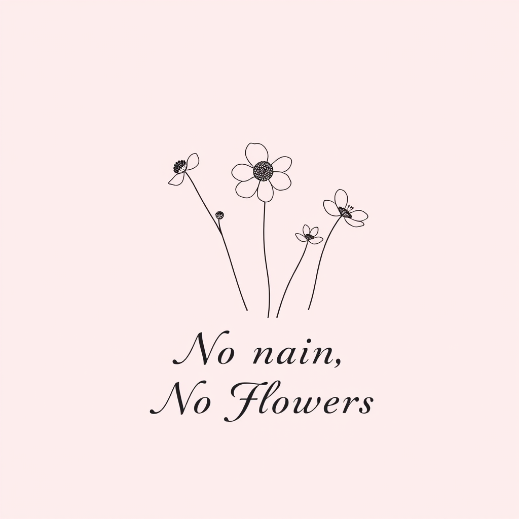 create a minimalist design featuring delicate line art of flowers with the phrase "No Rain, No Flowers" centered below in an elegant font on a soft pink background