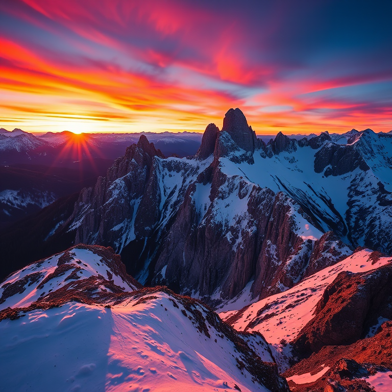 Capture a breathtaking sunset over the Dolomites with vibrant colors reflected on snow-covered peaks, using a Canon EOS R5, 24mm lens, ISO 100, aperture f/8, shutter speed 1/200, in a wide-angle shot for enhanced depth and clarity.