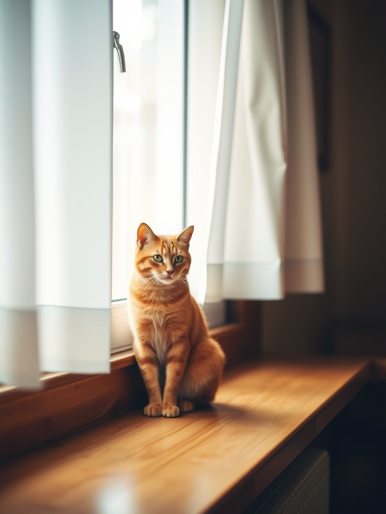 Capture a cozy indoor scene of a ginger cat sitting on a wooden windowsill, with white curtains gently framing the window, natural light streaming in, using a DSLR camera at f/2.8, ISO 100, 1/100 sec, captured in landscape orientation with a soft focus background.