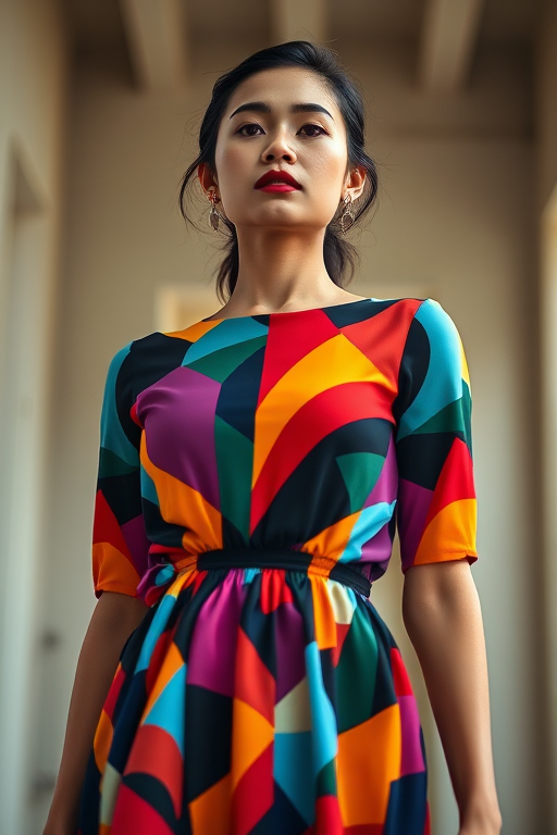 Regenerate the image of a stylized woman in a colorful geometric dress, using a Canon EOS R5 camera, with a 50mm f/1.8 lens, shot in natural light with a shallow depth of field, capturing from a low angle for enhanced visual impact.