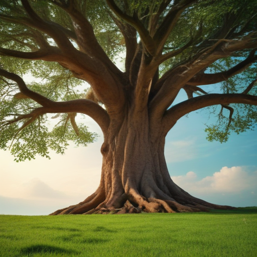 Majestic Tree Standing Tall Against a Clear Sky and Lush Green Grass