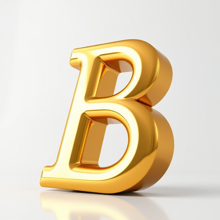 Create a 3D rendering of a shiny golden letter B with a smooth surface, photographed from a low angle using a Canon EOS R5 with a 50mm lens, aperture f/1.8, ISO 100, and natural lighting to enhance reflections and depth.