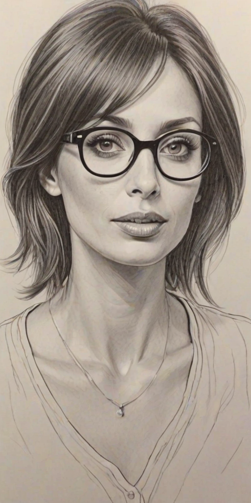 Fetching Natalie Imbruglia, pencil sketch, portrait of Dazzling woman 1972s in glasses, hair style beatnik, outline, clear lines, fine lines, 8k