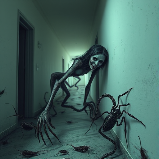 a crooked female with long arms and a creepy smile is crawling along a long white corridor and you can also see cockroaches in it there is a creepy atmosphere creepy art style