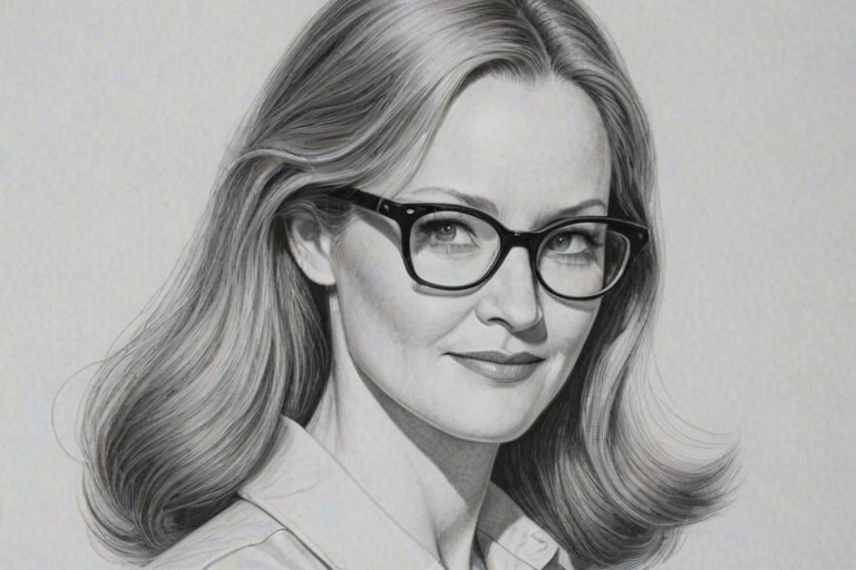 Graceful Laura Linney, pencil sketch, portrait of Exquisite woman 1963s in glasses, hair style beatnik, outline, clear lines, fine lines, 8k