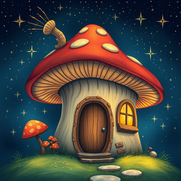 generate illustration of a mushroom house with a door and a window, a storybook , fantasy art, mushroom house, bg starry sky, sparkles
