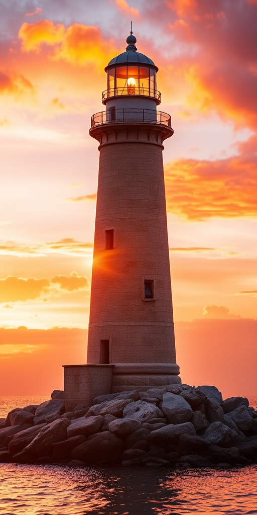 Generate an image of a tall lighthouse perched on a rocky outcrop surrounded by calm ocean waters during a breathtaking sunset. The lighthouse stands sturdy and weathered, its stone surface illuminated by the warm golden light of the setting sun. The sun's rays pass directly through the glass lantern room at the top of the lighthouse, casting a brilliant light across the scene. The sky is painted with vibrant shades of orange, pink, and purple, reflecting off the tranquil sea. The surrounding water shimmers with the same warm hues, creating a serene and majestic atmosphere.
