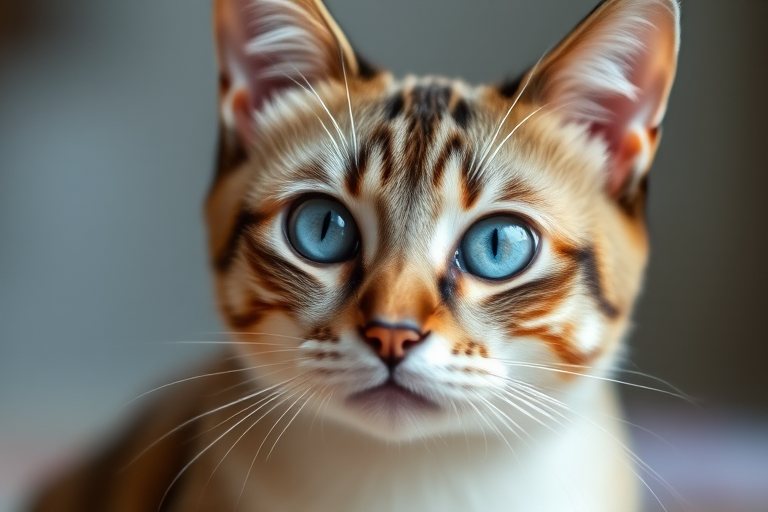 portrait of a cat with striking blue eyes, shallow depth of field, f/2.8, 50mm lens, ISO 100, natural light, soft focus background, DSLR camera
