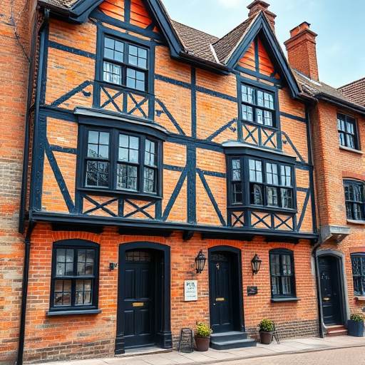 Regenerate the image of a charming brick building with black-timbered accents and decorative doors, captured in bright daylight with a wide-angle lens at f/8 aperture, ISO 100, 1/200s shutter speed, using a DSLR camera from eye level to enhance clarity and detail.