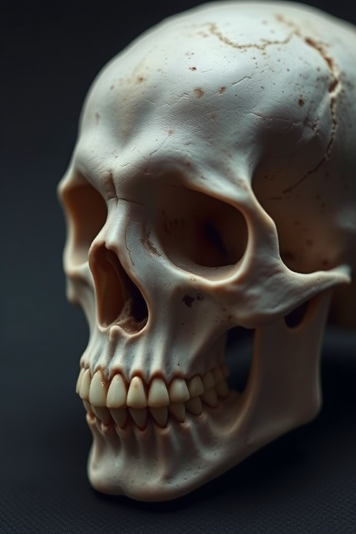 Create a highly detailed image of a human skull, focusing on texture and shading, captured with a Canon EOS R5 camera, 50mm lens, f/1.8 aperture, ISO 100, with soft diffused lighting to enhance the three-dimensionality and realism of the skull.