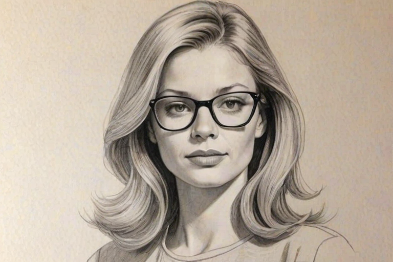 Radiant Amanda Detmer, pencil sketch, portrait of Splendid woman 1970s in glasses, hair style beatnik, outline, clear lines, fine lines, 8k