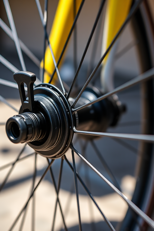 Close-up of a bicycle wheel hub with a focus on the spokes and quick release lever, natural sunlight for soft shadows, aperture f/2.8, shutter speed 1/200s, ISO 100, DSLR camera with 50mm lens.