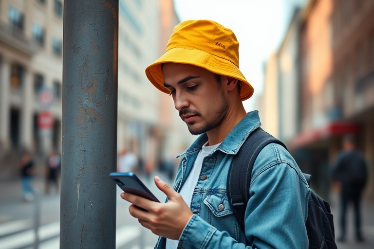 A man wearing a yellow bucket hat and a denim jacket looking at his phone while standing next to a pole in an urban setting, captured with a Canon EOS R5, 50mm lens, f/1.8 aperture, ISO 100, 1/200 sec, natural lighting, shallow depth of field.