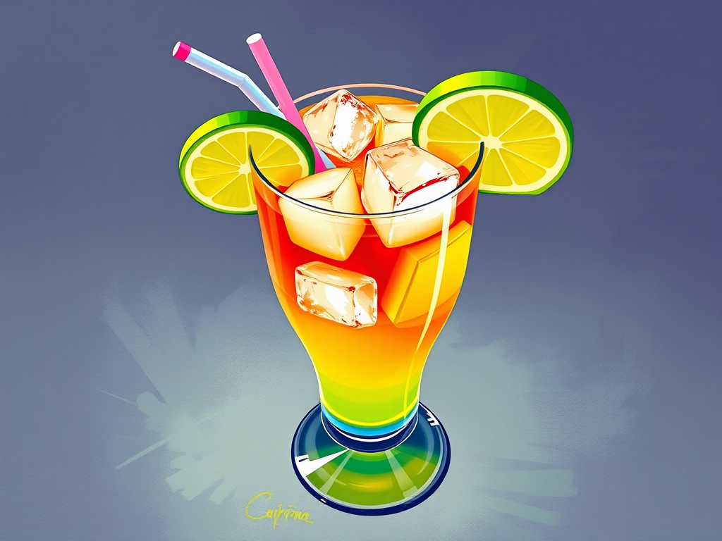 Create a vibrant illustration of a caipirinha cocktail with ice cubes, lime wedges, and a straw in a glass, using a digital art style, with high saturation colors and a textured background; camera settings: f/2.8 aperture, ISO 100, 1/125 sec shutter speed; view from a slight overhead angle; shot with a digital DSLR camera.