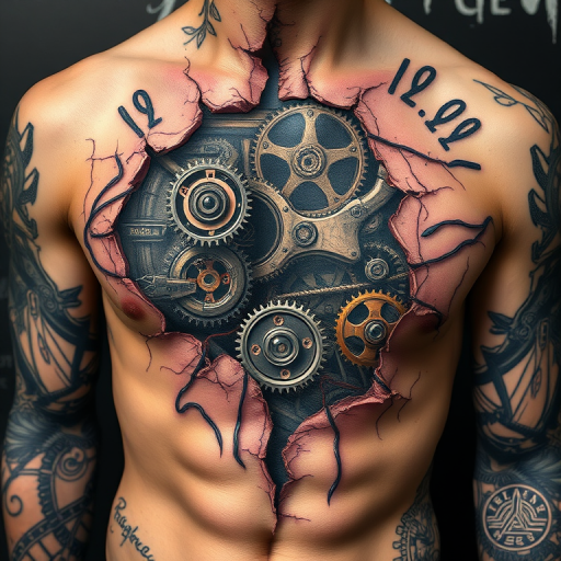 Biomechanical tattoo revealing intricate mechanical components beneath torn skin, hyper-realistic details of gears and wires, fusion of organic and industrial elements for a sci-fi inspired look