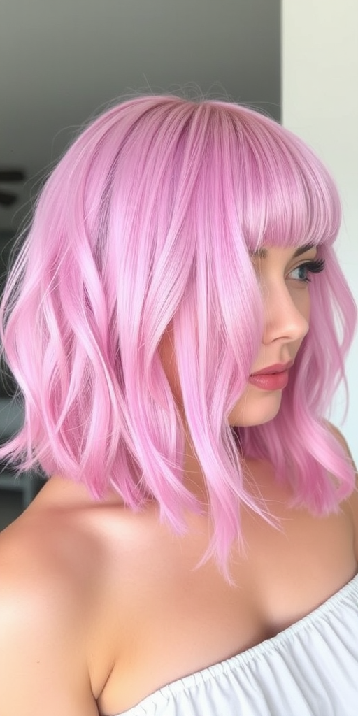 Whimsical cotton candy pink bob with blunt ends and micro bangs, featuring a subtle lavender root shadow and styled in tousled beach waves