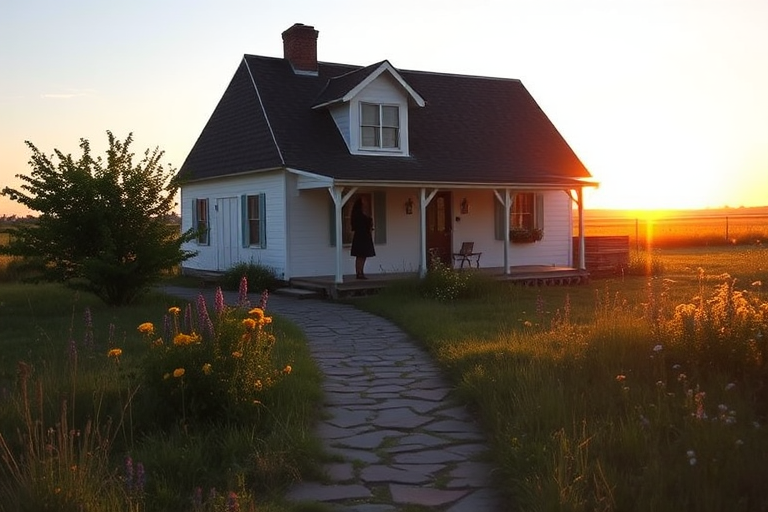 Charming rural farmhouse, with a stone path leading up to the door, a woman stands on the porch, watching the sun set behind a field of wildflowers.