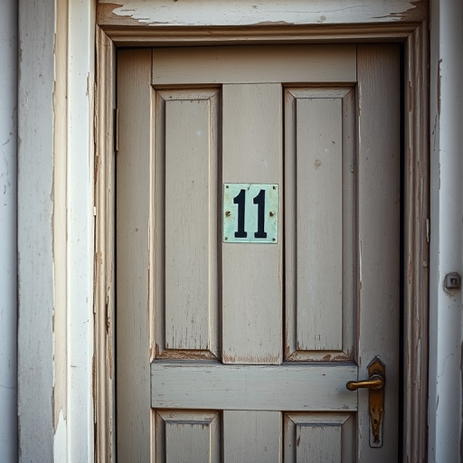 Capture a vintage wooden door with peeling paint, featuring a clear number 11 on the frame, shot in natural daylight with a DSLR camera at f/8 aperture, ISO 100, 35mm focal length, focused at eye level, using a slight vignette to emphasize the door details.