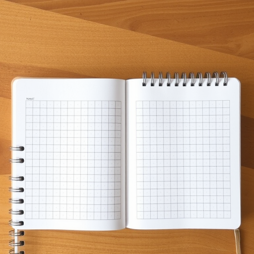 A clean spiral-bound notebook with a grid layout on the pages, shot with a DSLR camera, aperture f/4, ISO 100, focal length 50mm, top-down view, natural lighting for enhanced clarity and contrast.
