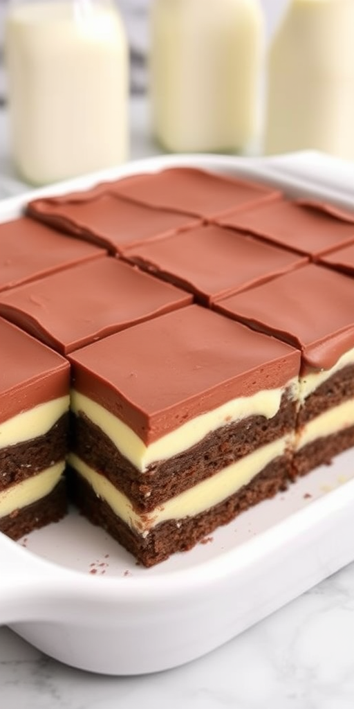 A delicious layered dessert with a smooth chocolate mousse topping over rich chocolate cake and creamy vanilla filling cut into squares served in a white dish with a marble background and milk bottles in the background.