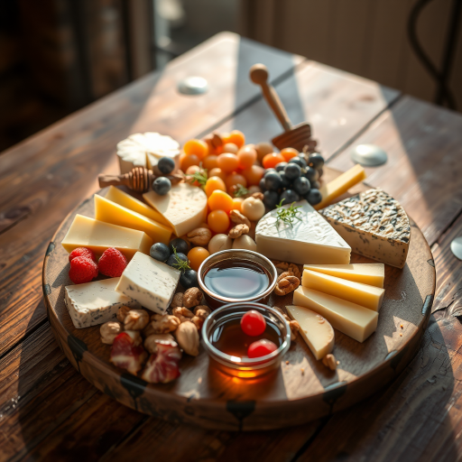 Warmly lit photo of a gourmet cheese platter on a rustic wooden table, with an assortment of cheeses, fresh fruits, nuts, and a small bowl of honey, soft light highlighting the textures and colors.