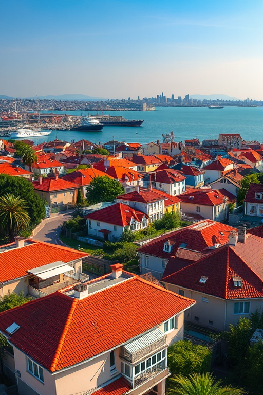 Urban landscape photography of a waterfront cityscape with residential buildings and roofs, taken from a high vantage point, using a Canon EOS R5, 24mm lens, f/8 aperture, ISO 100, 1/200 sec shutter speed, in natural daylight with vibrant colors.