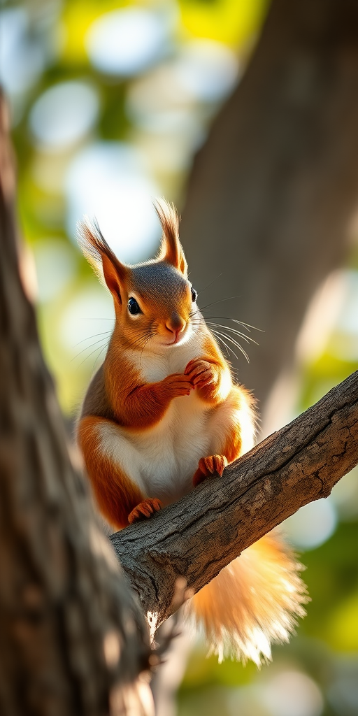 A close-up shot of a squirrel sitting on a tree branch, illuminated by soft sunlight, with a shallow depth of field, using a DSLR camera with a 50mm lens at f/1.8, ISO 200, shutter speed 1/200s, capturing vibrant details and a blurred background.