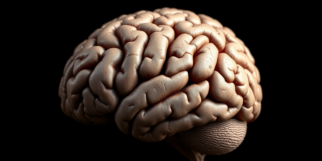 Create a highly detailed illustration of a human brain with intricate textures and shading on a black background, using a Canon EOS R5 camera with a 85mm f/1.2 lens, aperture set to f/8, ISO 100, and natural lighting for enhanced clarity and depth.