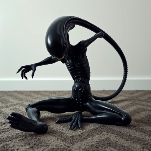 A funny Alien in a stretching position on a textured carpet, with its black, glossy body reflecting dim light. Legs spread wide, upper body bent forward, long segmented tail curving over its back, arching above its head. Face directed at the viewer, showing biomechanical features, sharp teeth, elongated skull. Muscles taut, emphasizing strength in the stretch. Minimalist environment, focusing on the creature's athletic pose. Photorealistic quality.