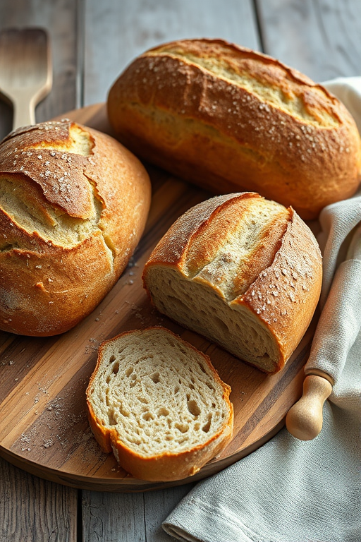 Create a rustic still life image of freshly baked bread loaves on a wooden cutting board, with a sliced loaf showing its texture, a wooden-handled dough scraper nearby, and a textured linen cloth partially draped, shot with a Canon EOS R5 at f/2.8, 1/60s, ISO 200, using a 50mm lens from a slightly elevated angle to emphasize the details and warmth of the bread.
