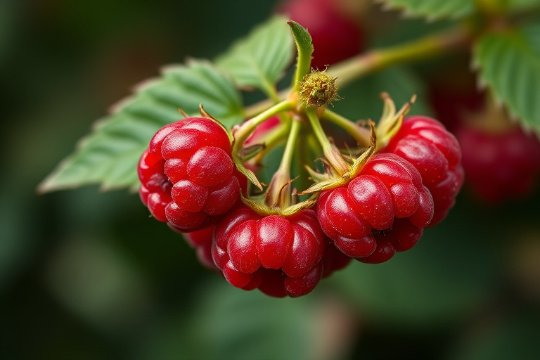 Generate a high-quality image of a cluster of bright red raspberries with a green stem and leaves, using a DSLR camera at 50mm focal length, f/2.8 aperture, and ISO 100, with a shallow depth of field and soft focus background for enhanced visual appeal.