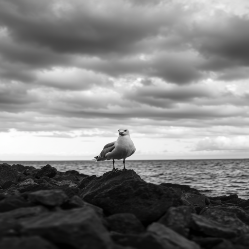 seagull perched on a rocky shoreline under dramatic cloudy skies, monochrome style, captured with a DSLR camera, aperture f/8, shutter speed 1/200s, ISO 200, wide angle view, high contrast black and white image