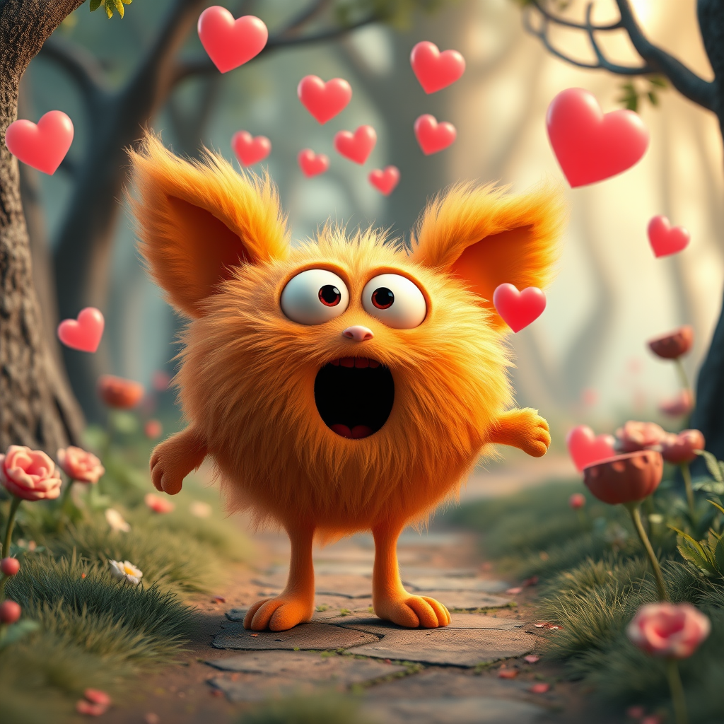 A fluffy orange creature with large eyes and a wide open mouth stands on a path in a whimsical forest, bright pink and red hearts float through the air, the creature has a surprised expression, the light is warm and soft, photorealistic, digital art, 3D style