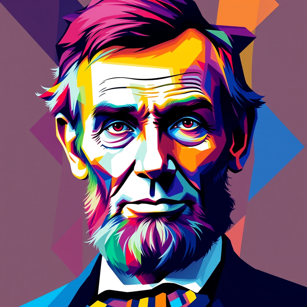 Create a vibrant and colorful portrait of Abraham Lincoln using a digital art style, with a focus on geometric shapes and bright hues, captured in a high-resolution format, using a DSLR camera at 50mm focal length, aperture f/1.8, ISO 100, and a shallow depth of field for enhanced detail and clarity.