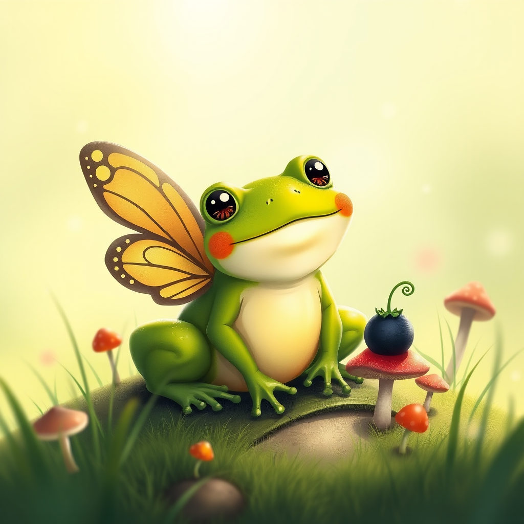 Create a whimsical illustration of a green frog with butterfly wings and a black berry character, set in a soft green landscape with mushrooms and gentle grass, using a shallow depth of field, soft focus lens, and warm lighting, shot with a DSLR camera at f/2.8, ISO 100, and 50mm focal length.