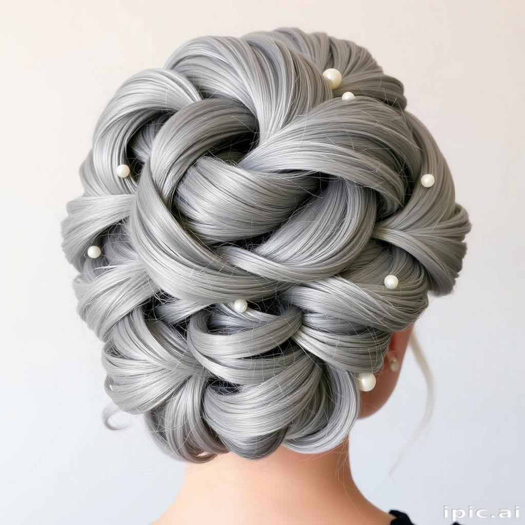 Silvery gray hair fashioned into an elaborate updo named "Moonlit Sonata," features intricate twists, braids, and curls woven together to create a stunning sculptural effect, adorned with delicate pearl pins for added elegance